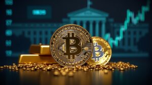 Photorealistic header: Bitcoin center, gold bar, silver coin, Fed building, and streaming macro data dashboards.