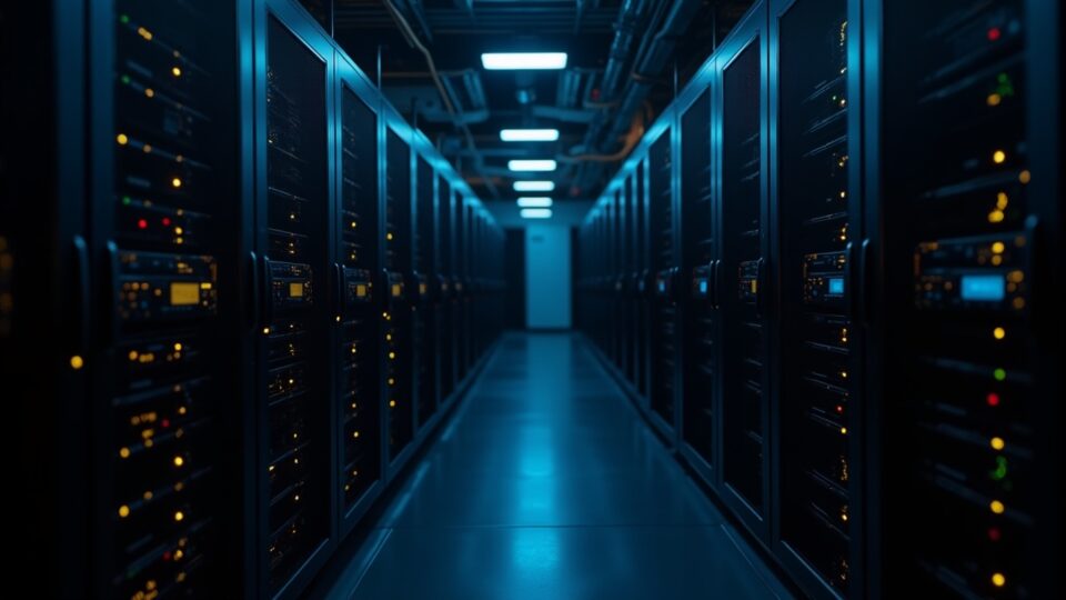 Photorealistic Bitcoin mining rigs beside AI/HPC servers in a dim data center, with glowing cables hashpower shifts to AI.