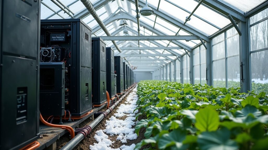 Modular bitcoin mining rigs heat a Canadian greenhouse with hot-water pipes feeding lush crops amid snow.