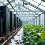 Modular bitcoin mining rigs heat a Canadian greenhouse with hot-water pipes feeding lush crops amid snow.