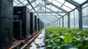 Modular bitcoin mining rigs heat a Canadian greenhouse with hot-water pipes feeding lush crops amid snow.