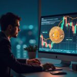 Photorealistic trader in a sleek office examining a rising Bitcoin holographic chart with long-term holder supply data.