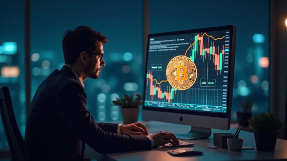 Photorealistic trader in a sleek office examining a rising Bitcoin holographic chart with long-term holder supply data.