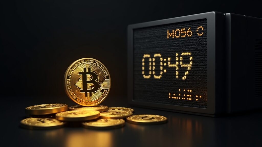 Photorealistic Bitcoin mining rig with a countdown clock and fading gold coin, illustrating shrinking miner incentives.