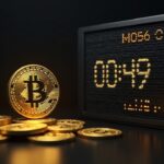 Photorealistic Bitcoin mining rig with a countdown clock and fading gold coin, illustrating shrinking miner incentives.