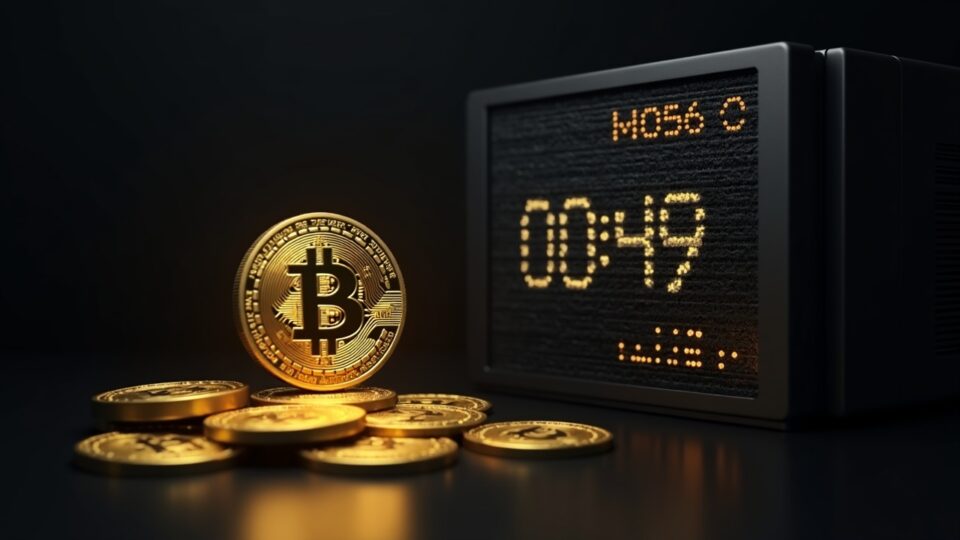 Photorealistic Bitcoin mining rig with a countdown clock and fading gold coin, illustrating shrinking miner incentives.