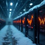 Photorealistic Bitcoin mining facility in a winter storm with ASIC rigs and a glowing stock chart showing resilience.