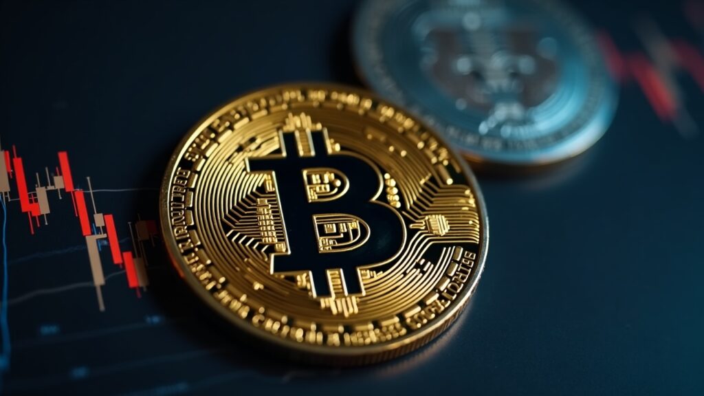 Close-up of a Bitcoin coin with a blurred DOJ and Federal Reserve backdrop, signaling market shock and safe-haven appeal.