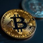 Close-up of a Bitcoin coin with a blurred DOJ and Federal Reserve backdrop, signaling market shock and safe-haven appeal.