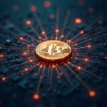 Photorealistic Bitcoin at center with glowing data streams to holographic tokenized assets in a blockchain grid.