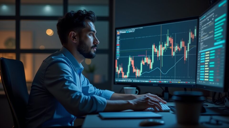 Realistic portrait of a focused crypto trader at a desk with a holographic BTC chart showing 95k resistance and a death cross.
