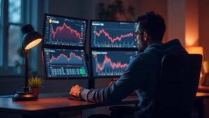 Photorealistic crypto trader at a sleek desk with BTC near 91k, red dips, and a low fear index.