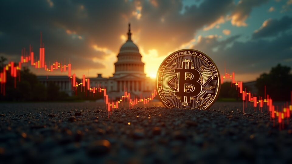 Bitcoin symbol with fluctuating price line and Capitol silhouette in the background, illustrating crypto volatility affecting funding.