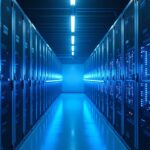 Realistic Bitcoin mining facility transitioning from Paraguay to a North American HPC energy hub, cool blue lighting.