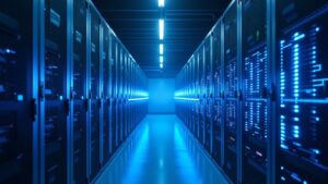 Realistic Bitcoin mining facility transitioning from Paraguay to a North American HPC energy hub, cool blue lighting.