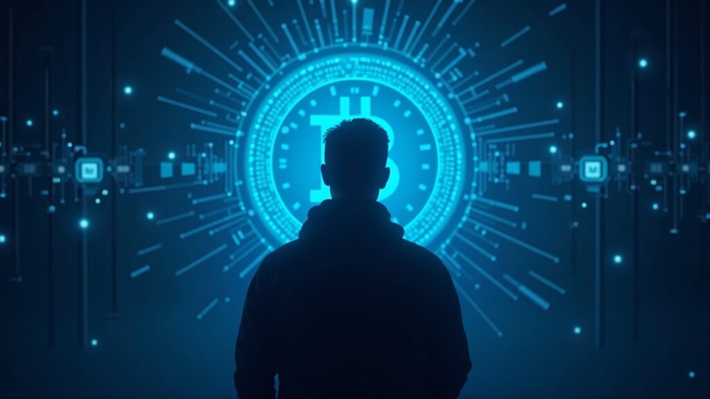 Photorealistic hacker silhouette before a glowing Bitcoin vault with a courthouse gavel and circuit patterns in newsroom vibe.