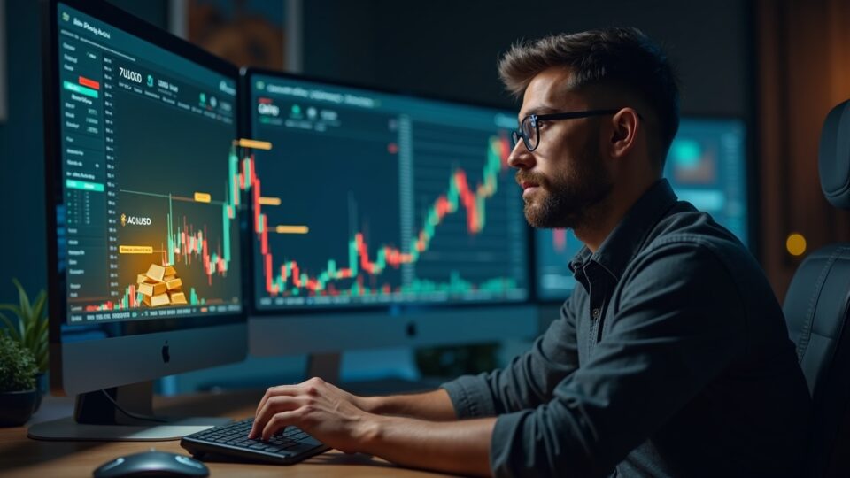 Photorealistic trader in a high-tech room with holographic XAUUSD chart and crypto tickers, blending TradFi and crypto.