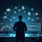 Photorealistic trader in a sleek trading room with holographic assets converging into a single Bitget account.