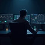 Photorealistic trader at a sleek desk with crypto charts and traditional assets on dual monitors, MT5 and USDT glow.