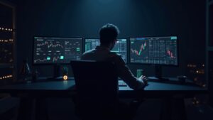 Photorealistic trader at a sleek desk with crypto charts and traditional assets on dual monitors, MT5 and USDT glow.