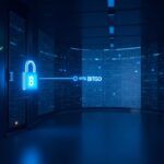 Photorealistic trading floor with a glowing blue digital vault, BitGo branding, signaling crypto custody and NYSE IPO growth