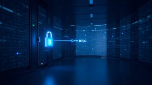 Photorealistic trading floor with a glowing blue digital vault, BitGo branding, signaling crypto custody and NYSE IPO growth