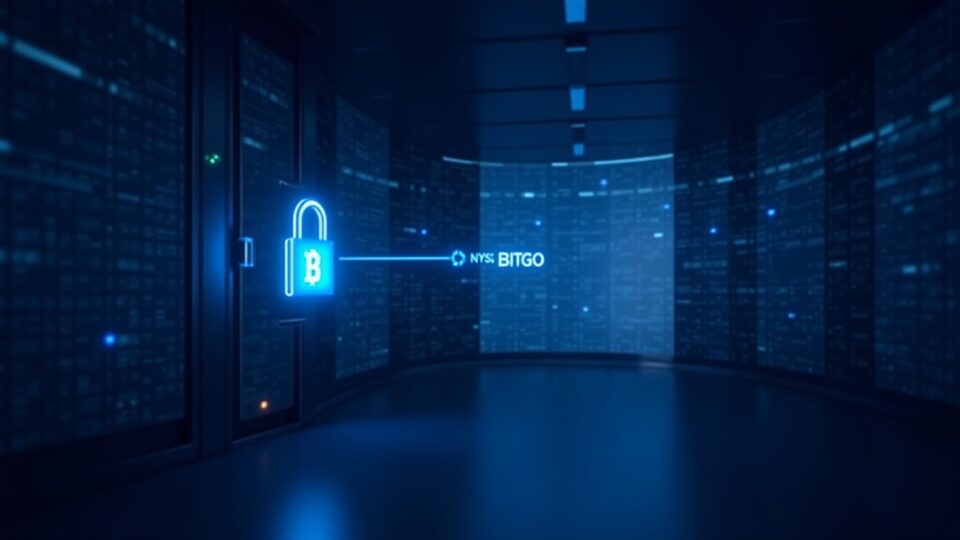 Photorealistic trading floor with a glowing blue digital vault, BitGo branding, signaling crypto custody and NYSE IPO growth