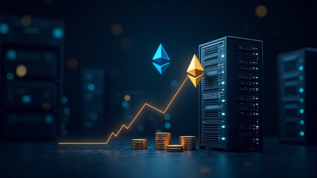Photorealistic crypto treasury hub with ETH logo, validator racks, and a rising chart illustrating BitMine's 1M ETH staking milestone.