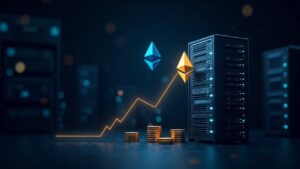 Photorealistic crypto treasury hub with ETH logo, validator racks, and a rising chart illustrating BitMine's 1M ETH staking milestone.