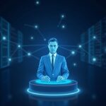 Photorealistic data-center scene with a central executive, holographic beacon, BitMine stake chart, and validator nodes.