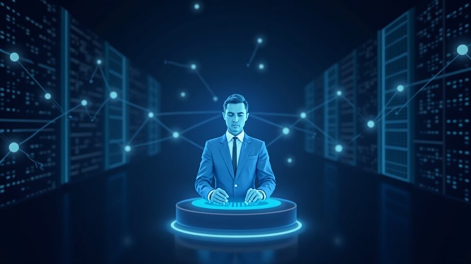 Photorealistic data-center scene with a central executive, holographic beacon, BitMine stake chart, and validator nodes.