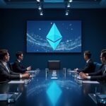 Photorealistic boardroom: Ethereum morphing into a digital economy with MAVAN and Beast Industries logos and a presenter.