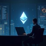 Photorealistic validator operator at a sleek control desk with Ethereum glow, illustrating BitMine staking backlog