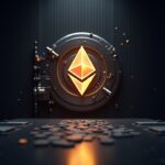Sleek boardroom scene with a glowing Ethereum vault logo, orbiting staking nodes, and streams of digital cash.