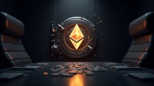 Sleek boardroom scene with a glowing Ethereum vault logo, orbiting staking nodes, and streams of digital cash.