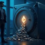 A suited executive beside a glowing Ethereum vault, ETH tokens pouring into a digital treasury under newsroom lighting.