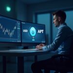 Photorealistic trader at a sleek desk with a Bitnomial screen showing Aptos logo and USD-APT settlement icons