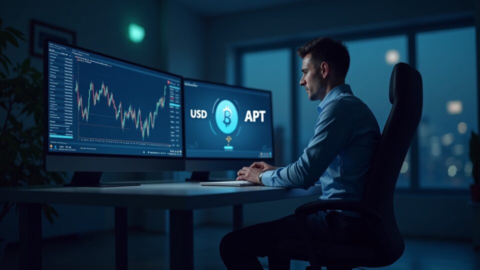 Photorealistic trader at a sleek desk with a Bitnomial screen showing Aptos logo and USD-APT settlement icons