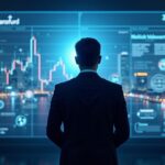 Photo-realistic executive before a holographic dashboard with Frankfurt skyline and crypto icons, signaling Bitpanda IPO.