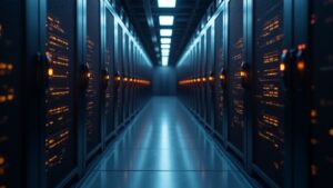 Photoreal data center with rows of Antminer S21 XP/L9 ASICs and Bitcoin mining glow with subtle BitVentures branding.