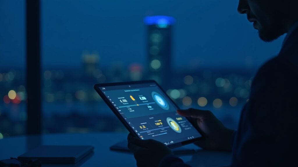 Analyst in a newsroom holds a tablet displaying BTC, ETH and SOL icons with Nasdaq Stockholm building lit blue in background.