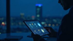 Analyst in a newsroom holds a tablet displaying BTC, ETH and SOL icons with Nasdaq Stockholm building lit blue in background.