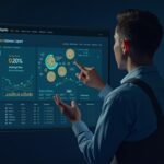 Photorealistic Bitwise executive reviewing Morpho on-chain vault dashboard displaying USDC icons