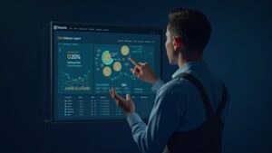 Photorealistic Bitwise executive reviewing Morpho on-chain vault dashboard displaying USDC icons