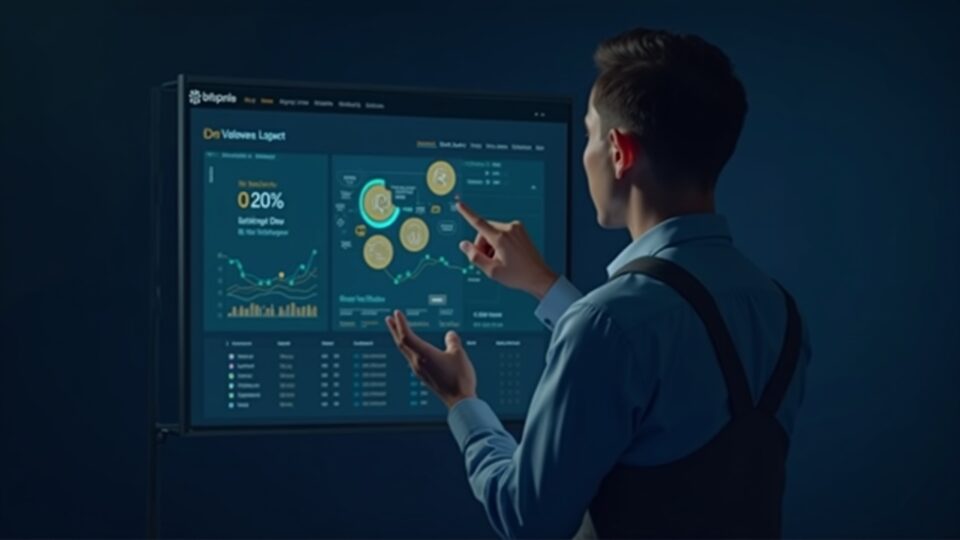 Photorealistic Bitwise executive reviewing Morpho on-chain vault dashboard displaying USDC icons