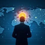 Silhouette of a suited investor facing a glowing Bitcoin orb with market graphs under blue newsroom lighting.