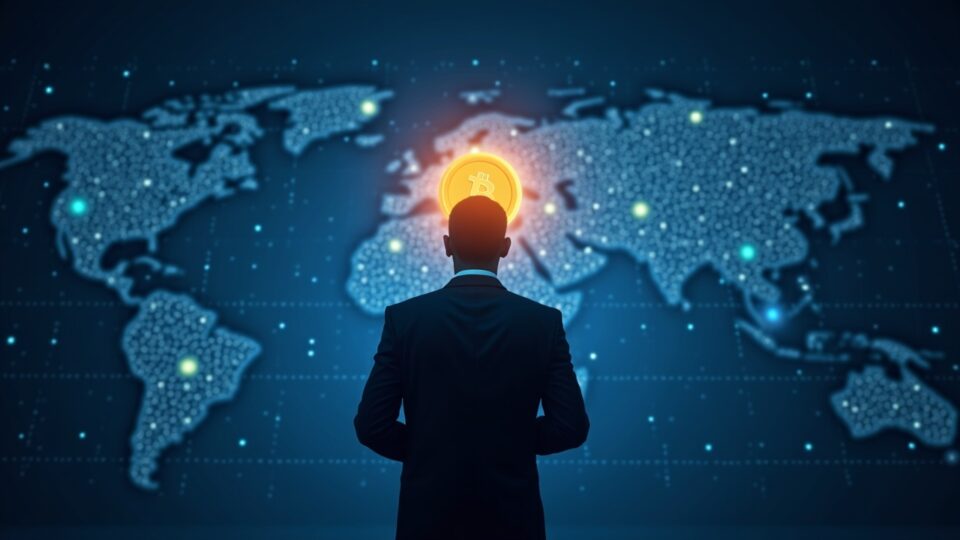 Silhouette of a suited investor facing a glowing Bitcoin orb with market graphs under blue newsroom lighting.