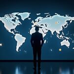 Silhouette of a financial executive beside a holographic map of tokenized assets with Bitcoin and Ethereum icons.