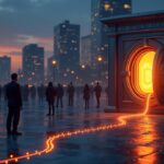 Dusk-lit financial district with a glowing custody vault; BTC and ETH streams flow from institutions toward vault.