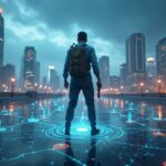 Photorealistic center gamer with evolving blockchain-based assets on a crypto interface, backed by a regulatory cityscape.